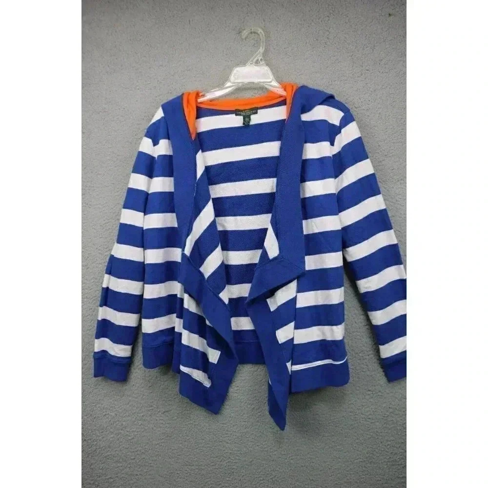 Striped Blue and White Open-Front Women's Sweater Cardigan